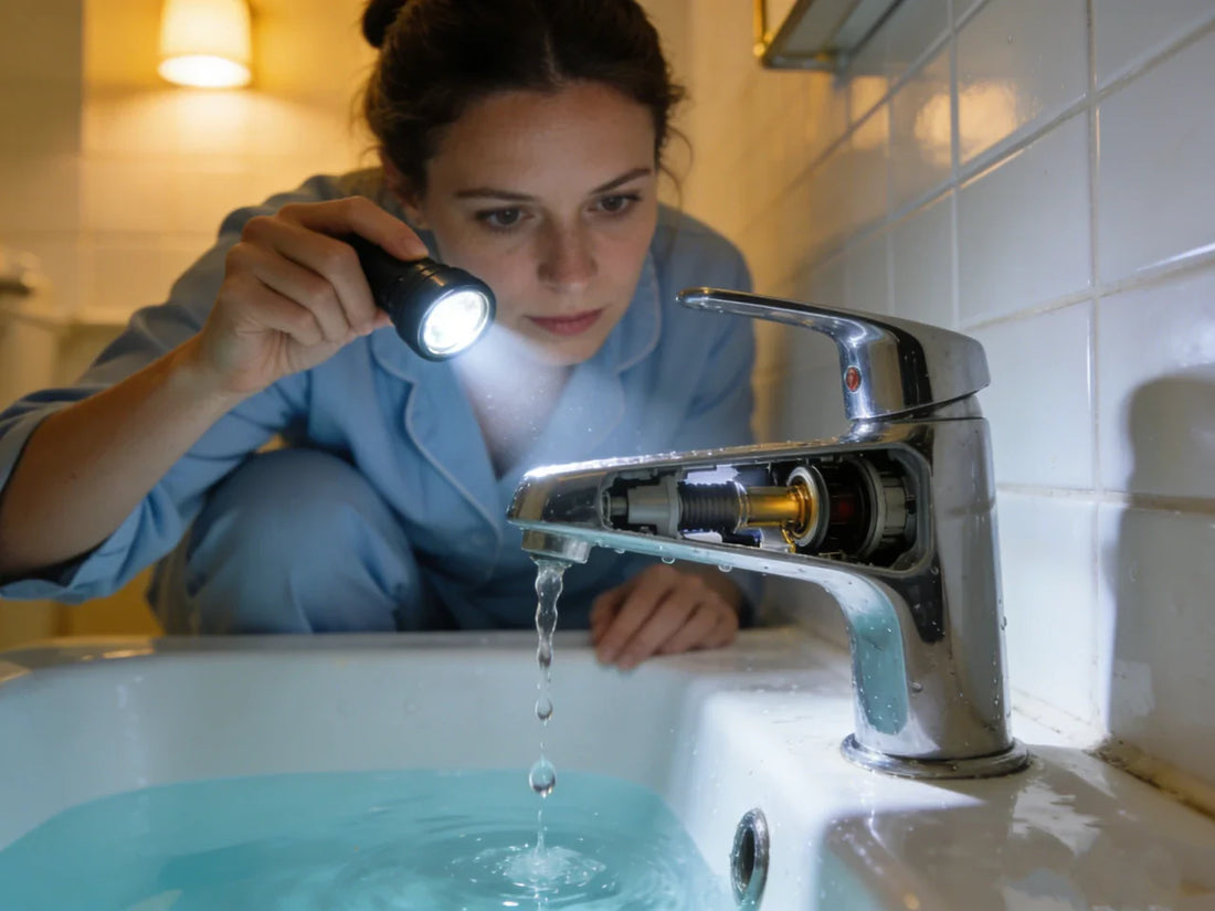 A woman inspects a leaking tub tap with a flashlight, examining the exposed internal parts of the dripping fixture.
