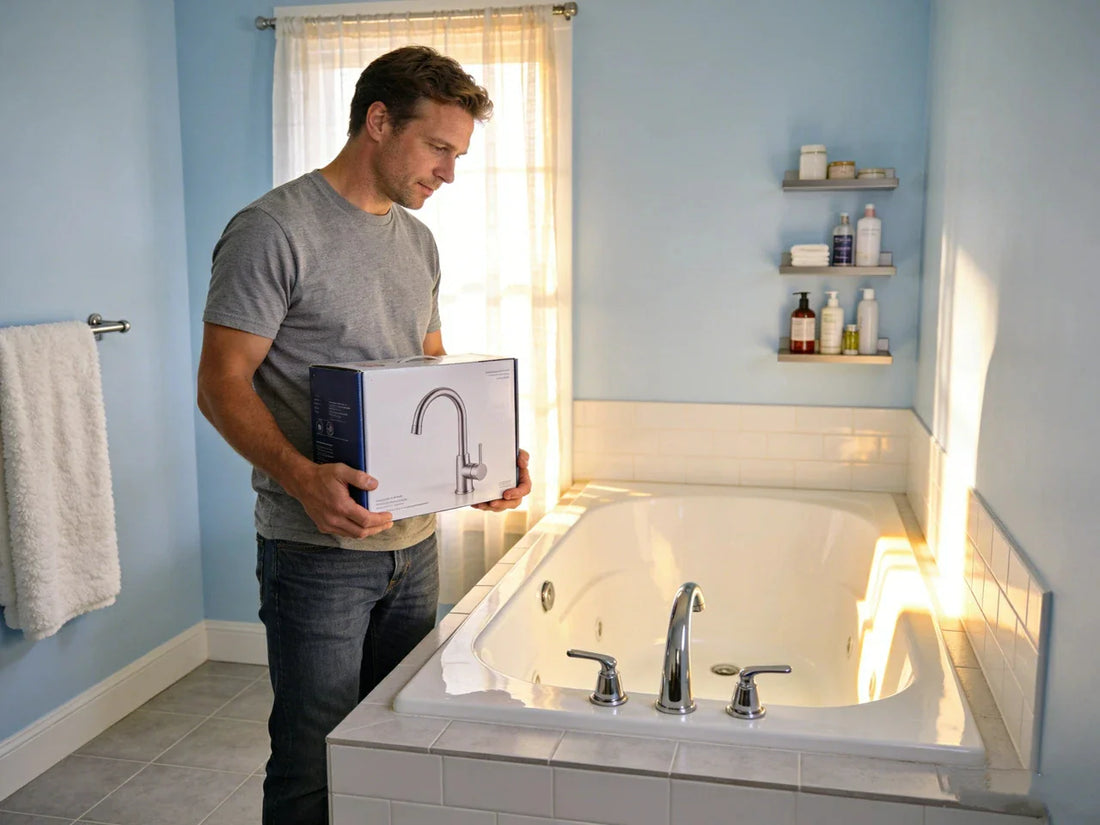 A man holds a new faucet box next to a bathtub, ready to replace the existing fixture.