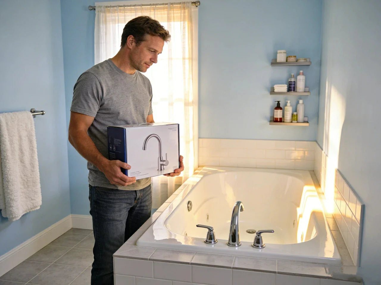 A man holds a new faucet box next to a bathtub, ready to replace the existing fixture.