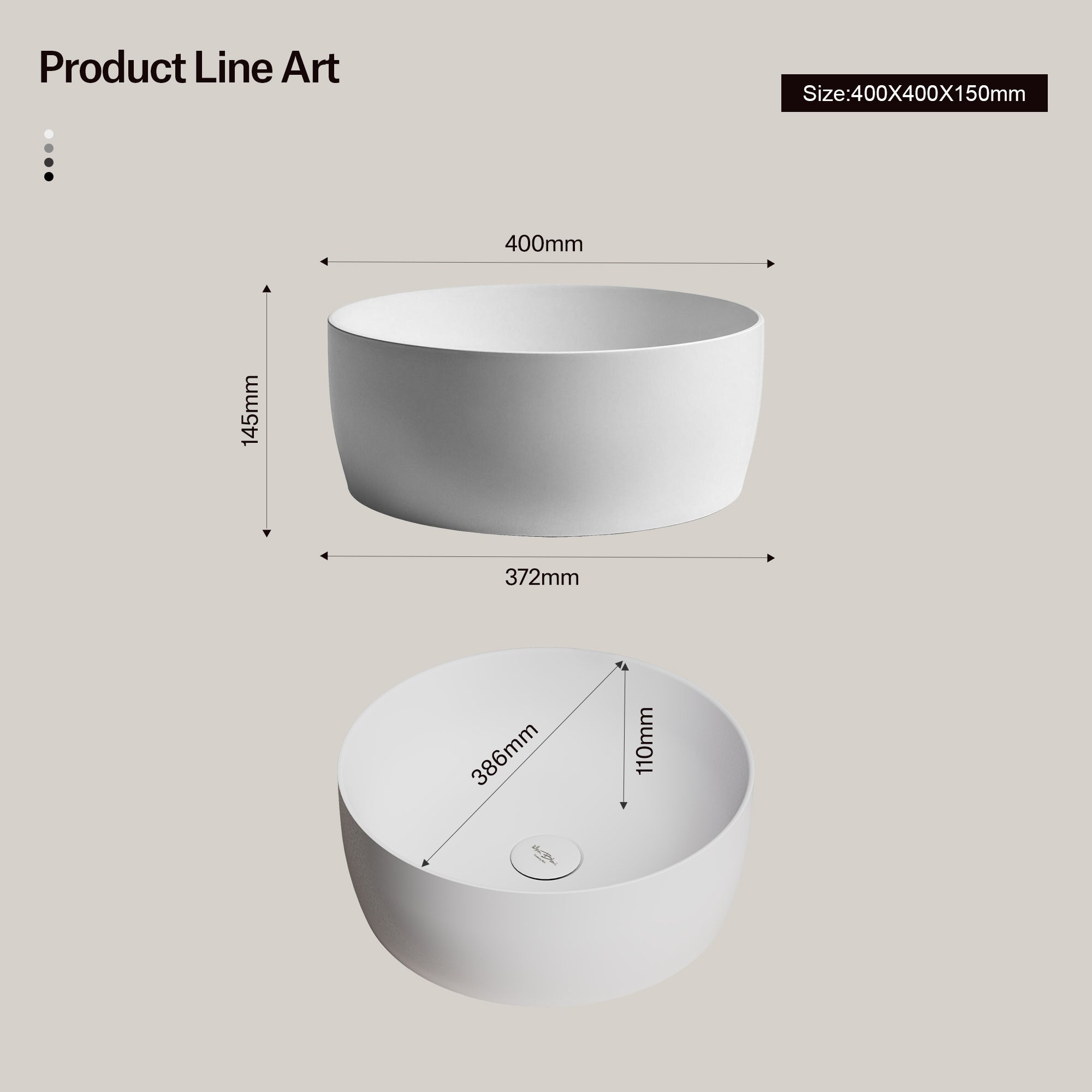 15.7 Inch MonBlari CANVA SERIES Solid Surface Vessel Bowl Sink Bathroom Sink