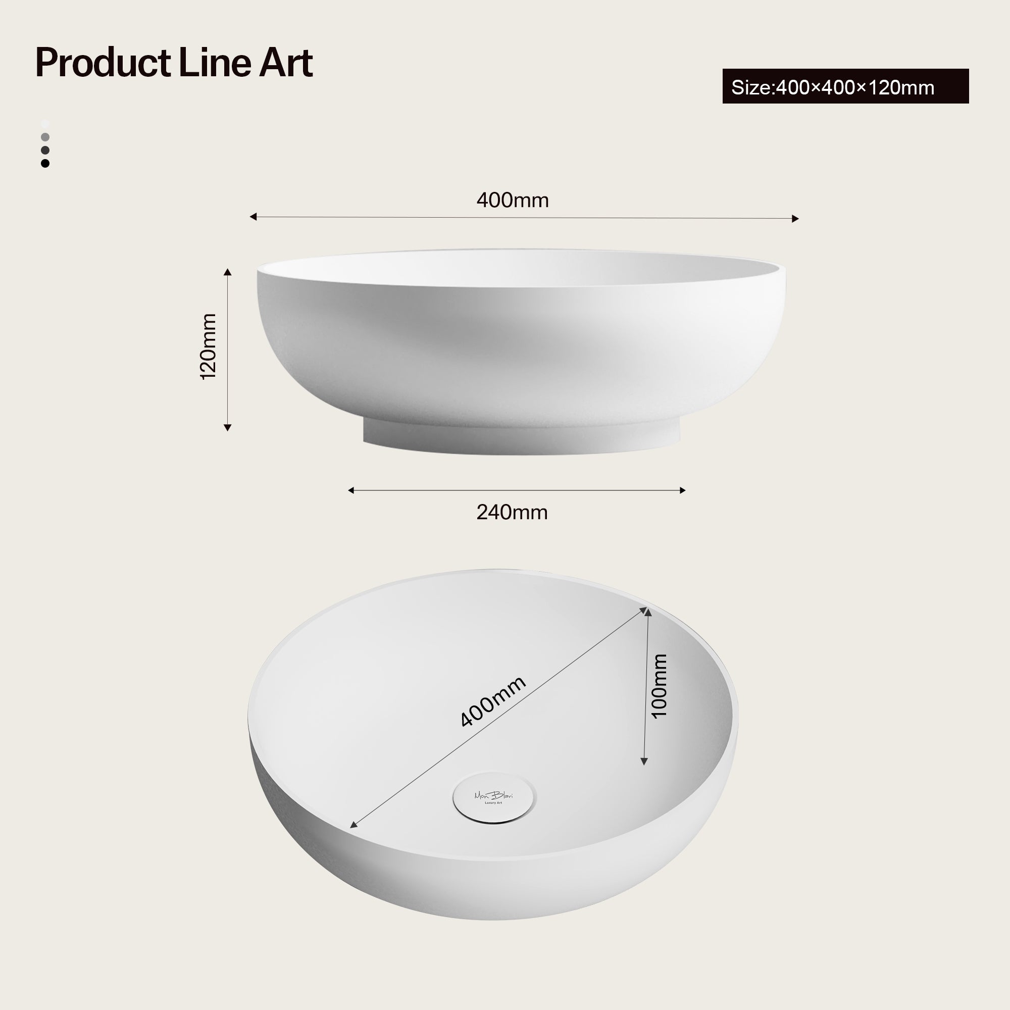 15.7 Inch MonBlari NAIAD SERIES Solid Surface Vessel Bowl Sink Bathroom Sink