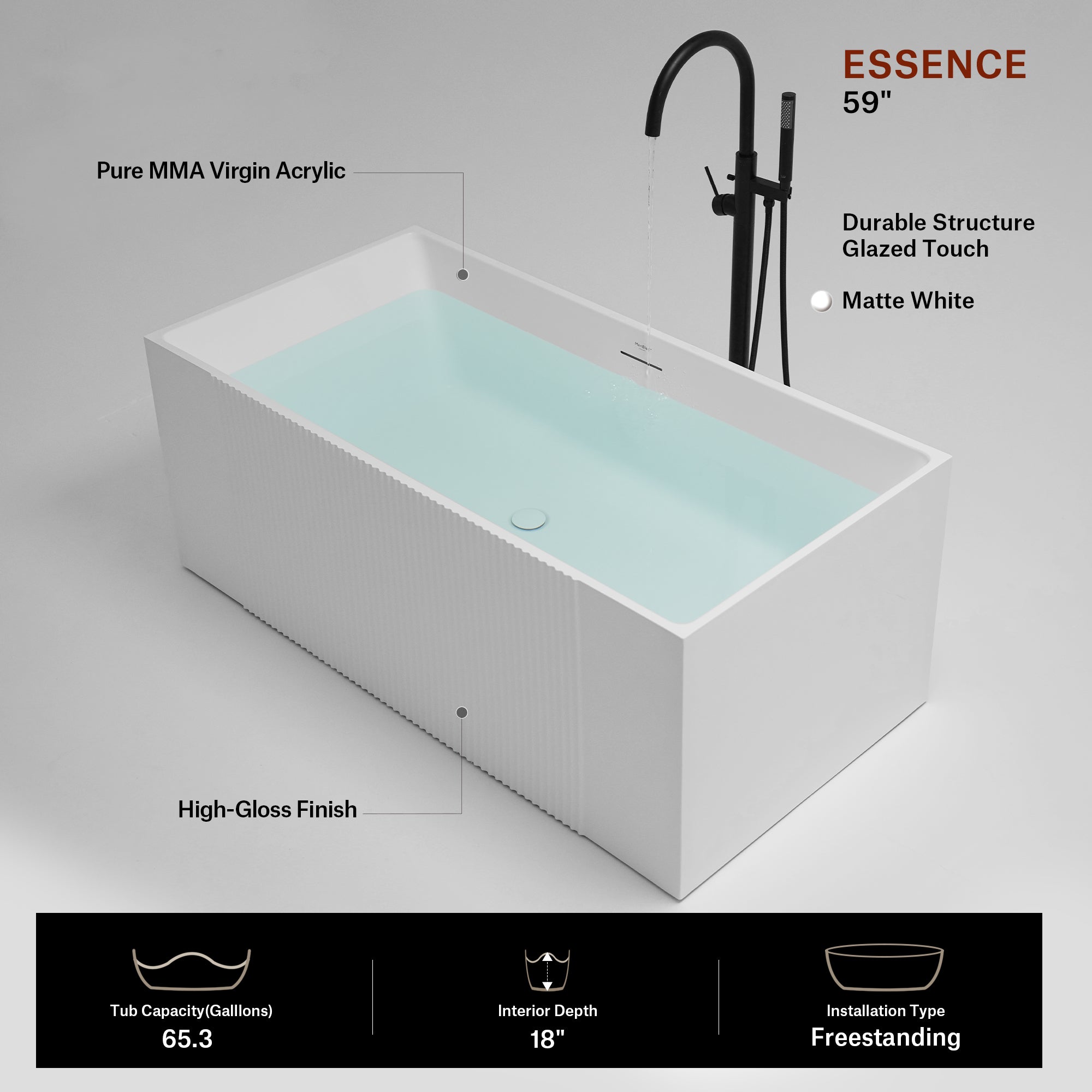 59.1 Inch MonBlari ESSENCE Acrylic Freestanding Bathtub