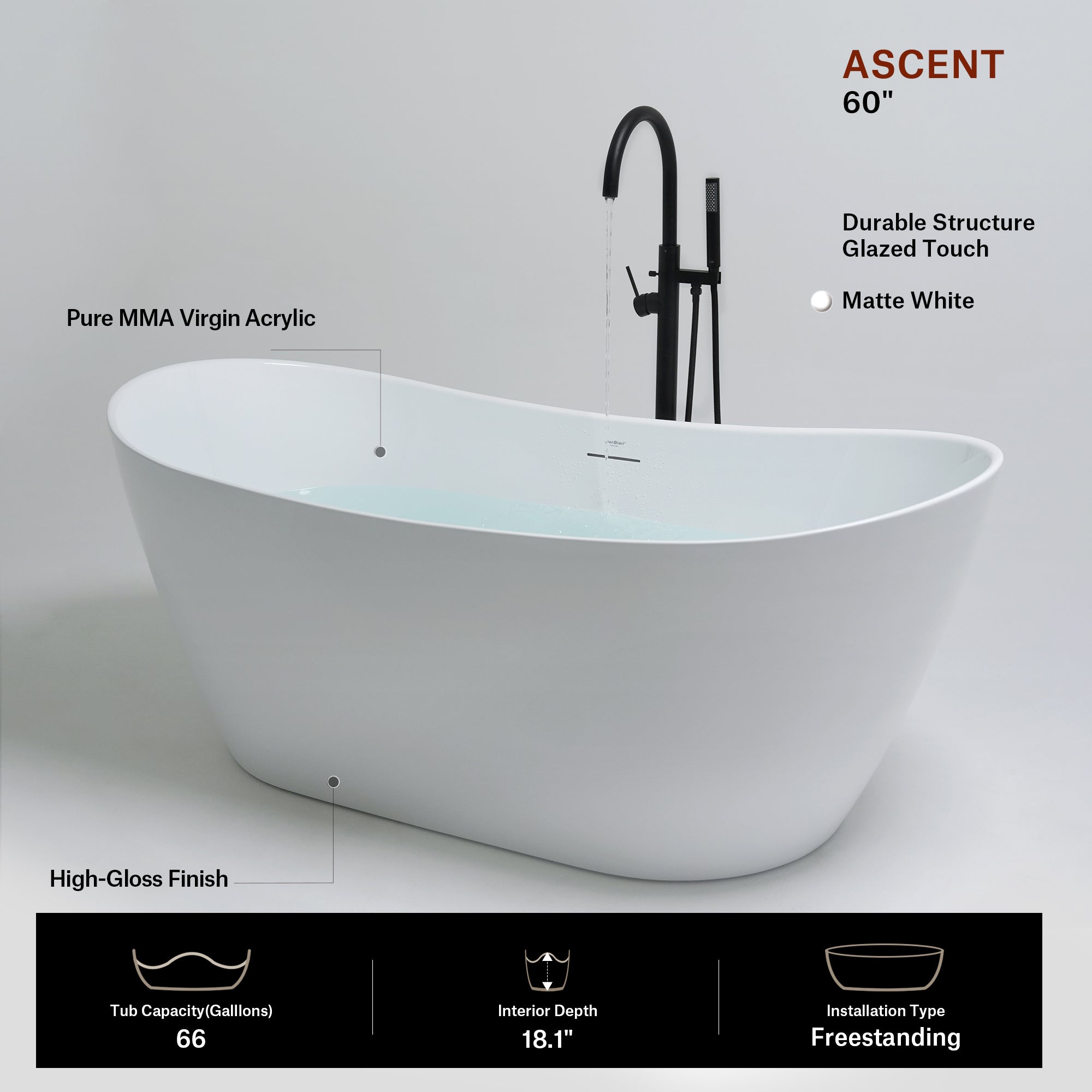60 Inch MonBlari ASCENT Acrylic Freestanding Bathtub