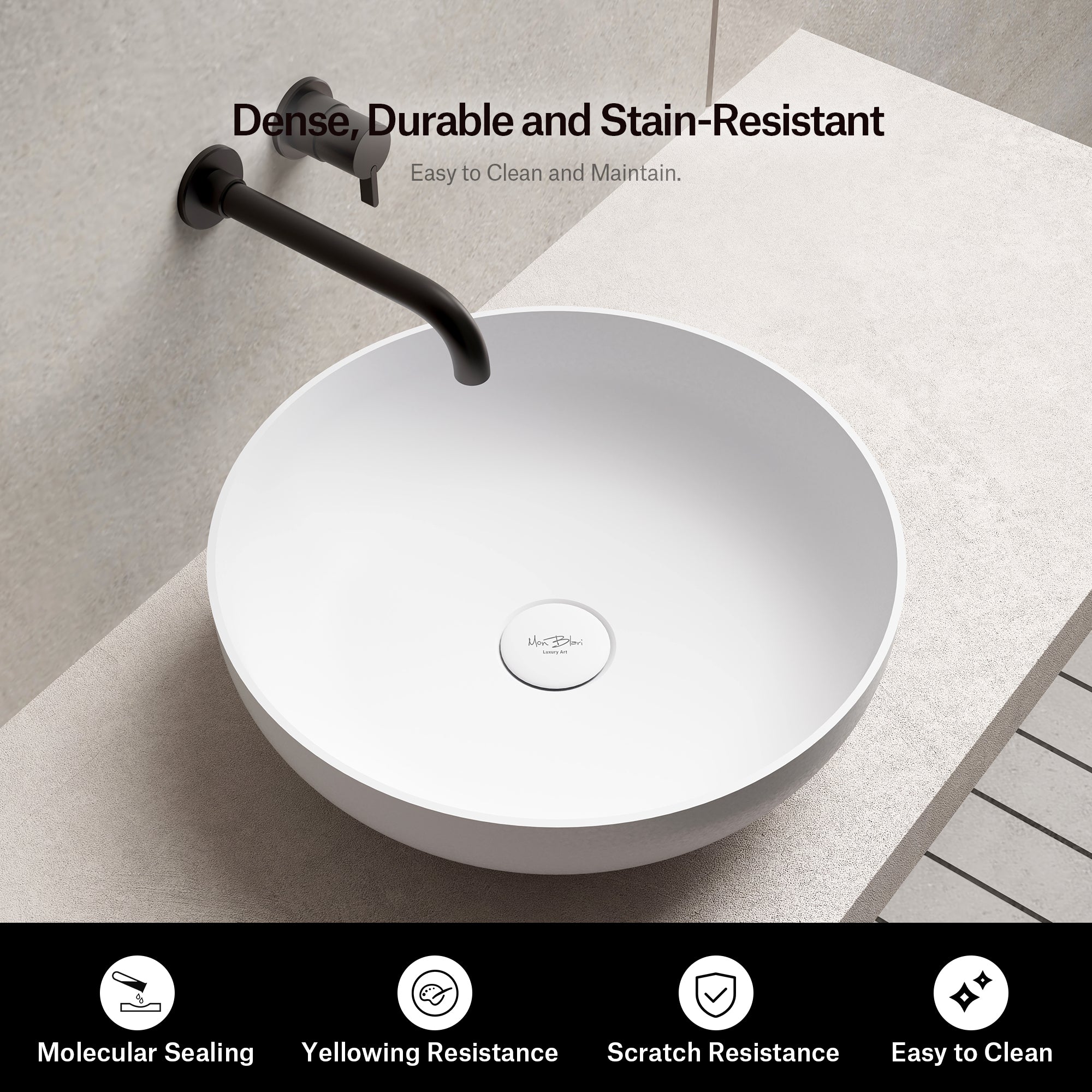 15.7 Inch MonBlari NAIAD SERIES Solid Surface Vessel Bowl Sink Bathroom Sink