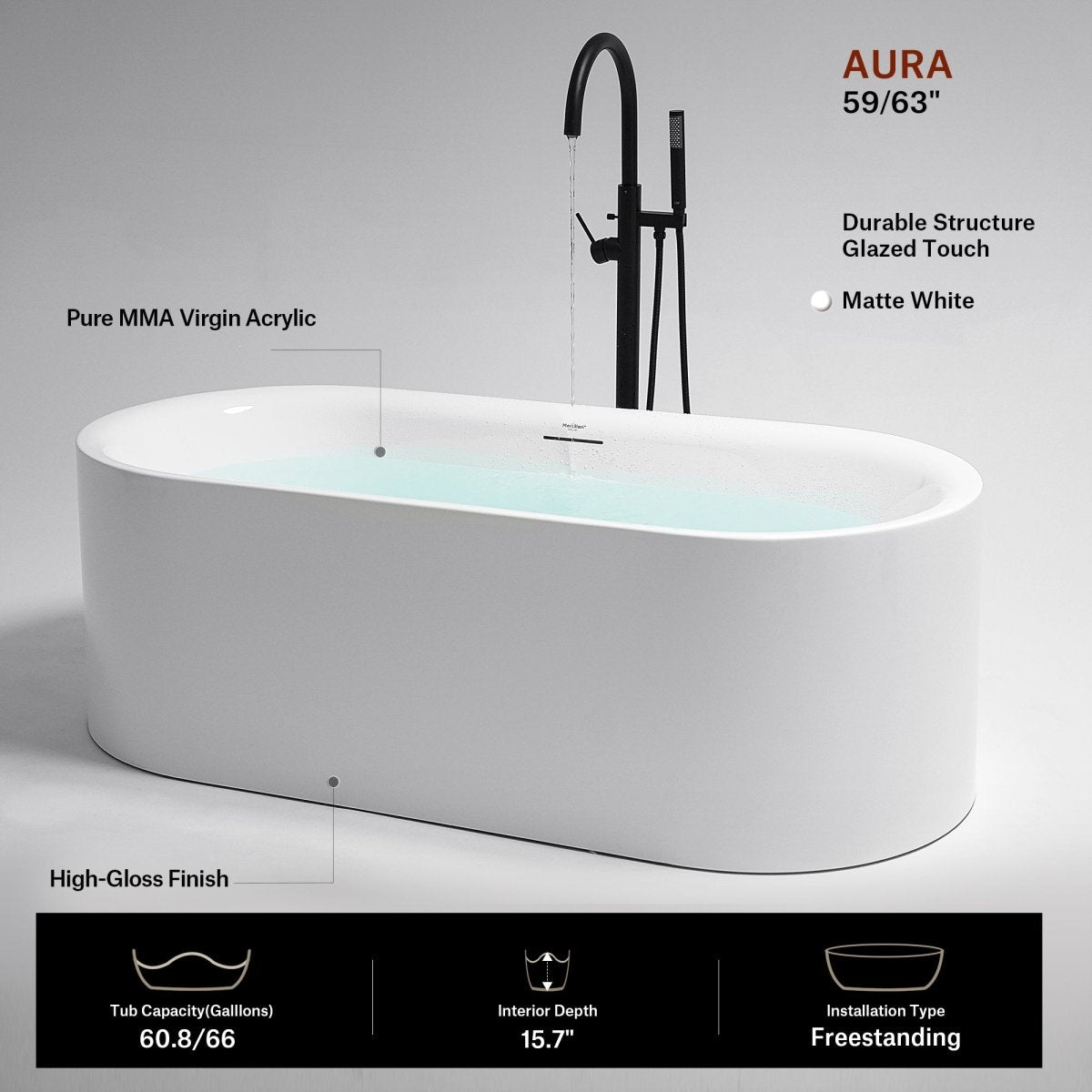 59-63 Inch MonBlari AURA Acrylic Freestanding Bathtub