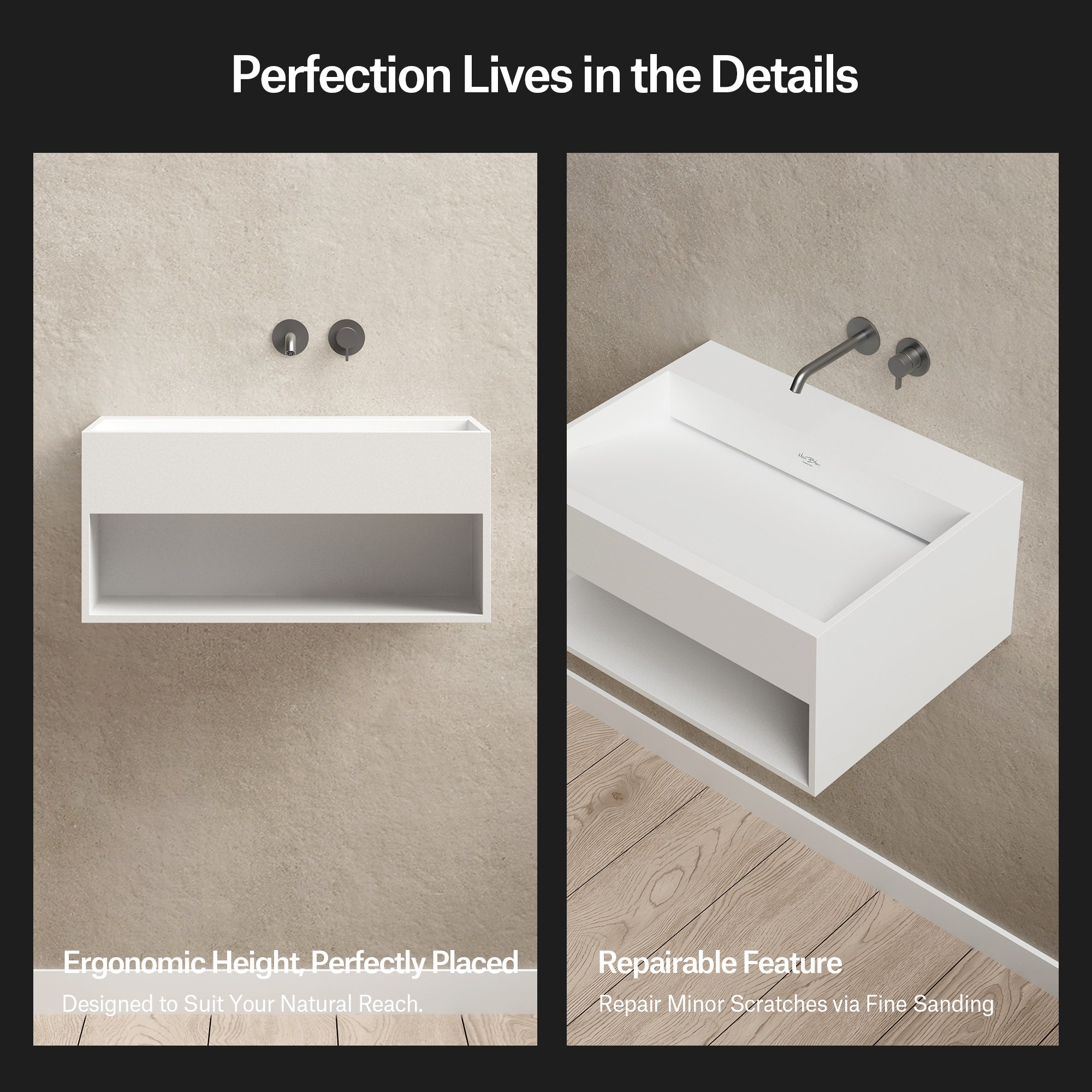 23.6-31.5 Inch MonBlari SERENE SERIES Solid Surface Wall Mount Sink