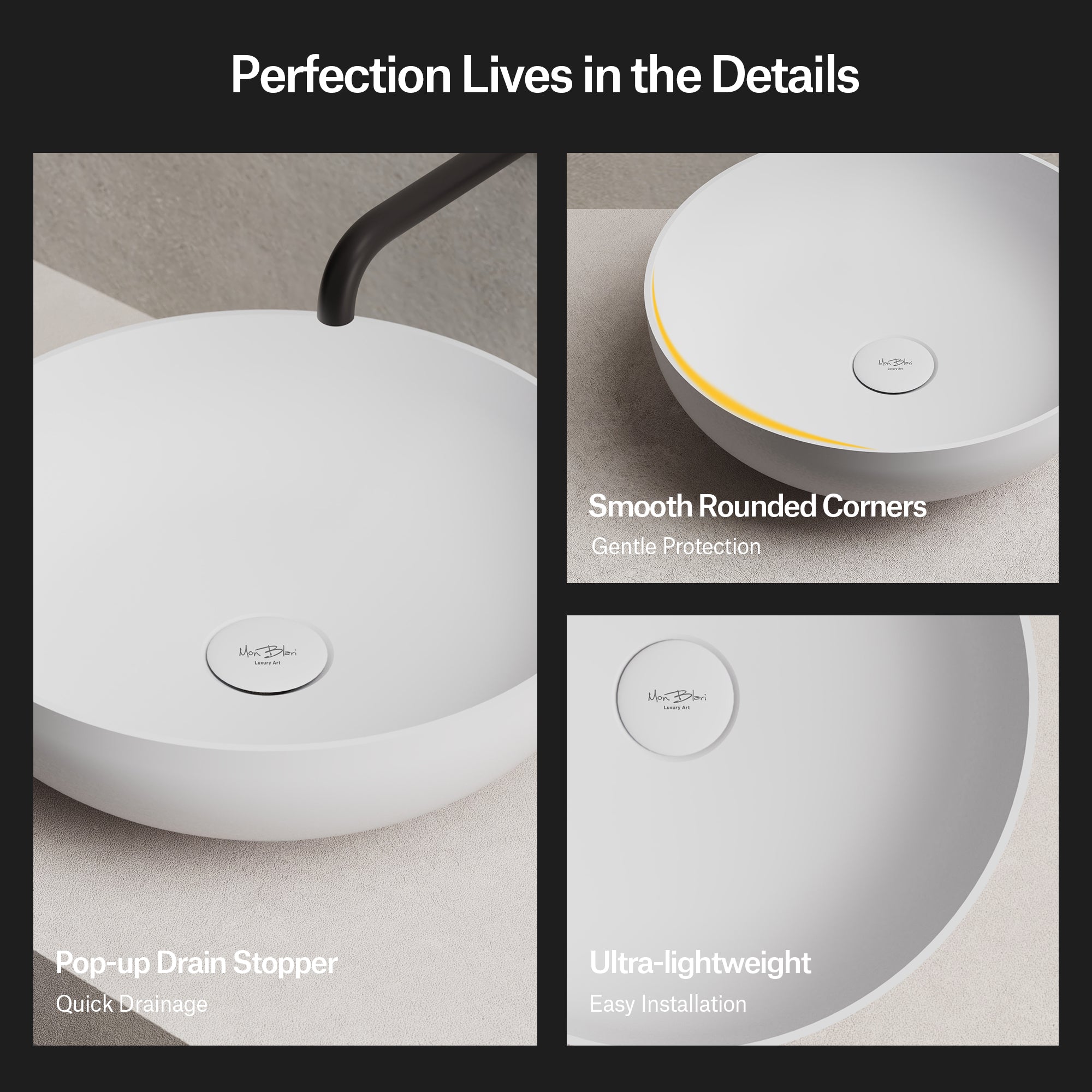 15.7 Inch MonBlari NAIAD SERIES Solid Surface Vessel Bowl Sink Bathroom Sink