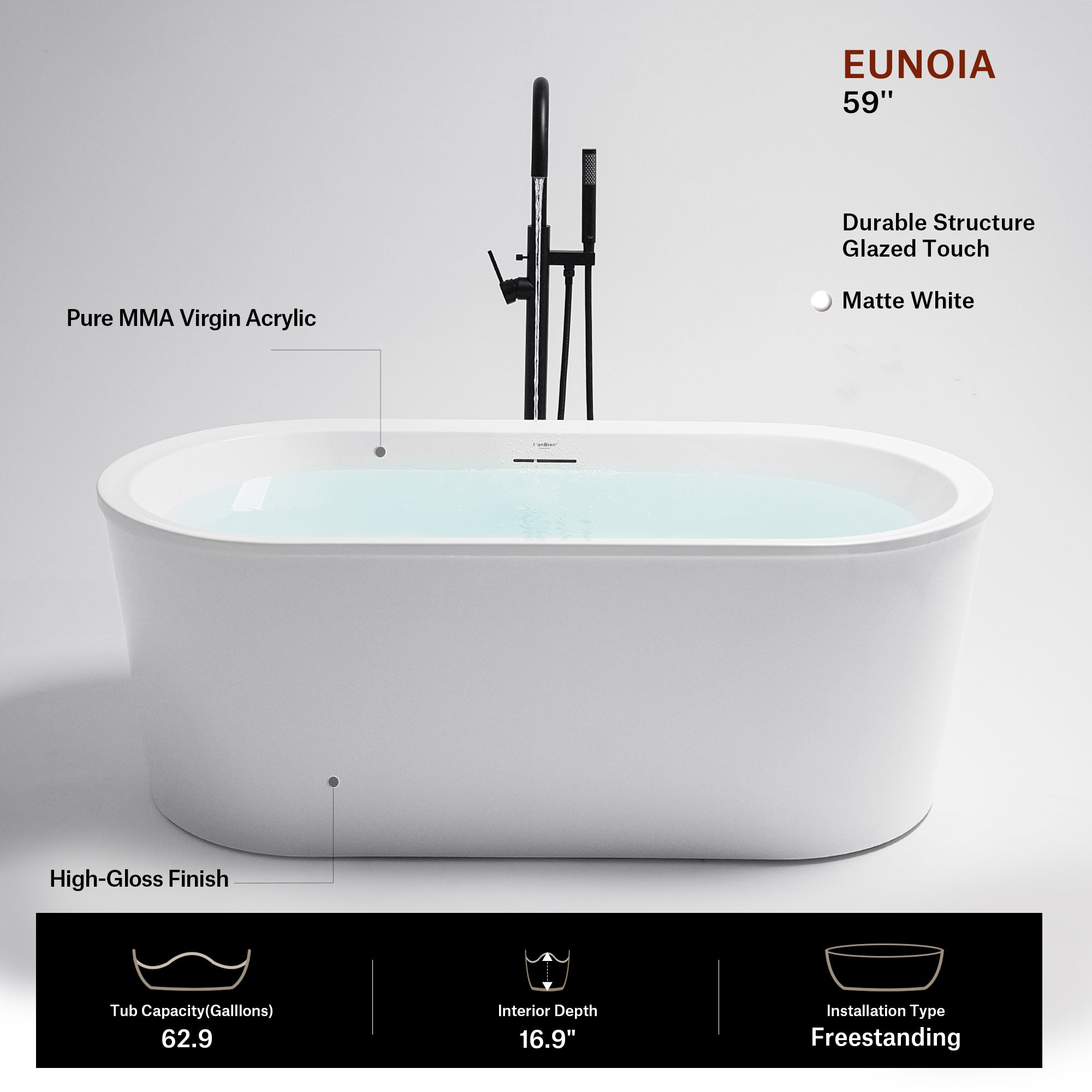 59-67 Inch MonBlari EUNOIA Acrylic Freestanding Bathtub