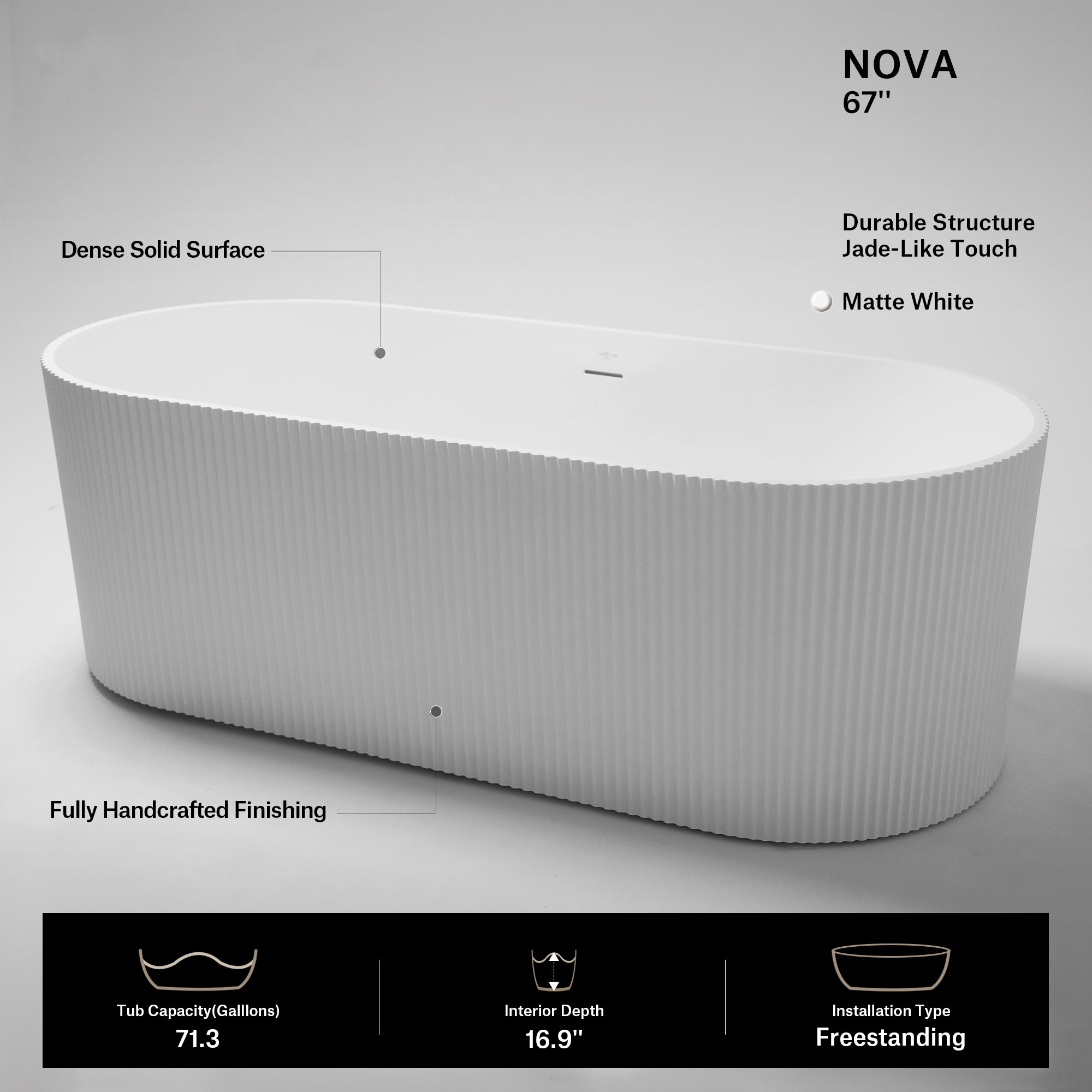 66.9 Inch MonBlari NOVA Solid Surface Freestanding Bathtub