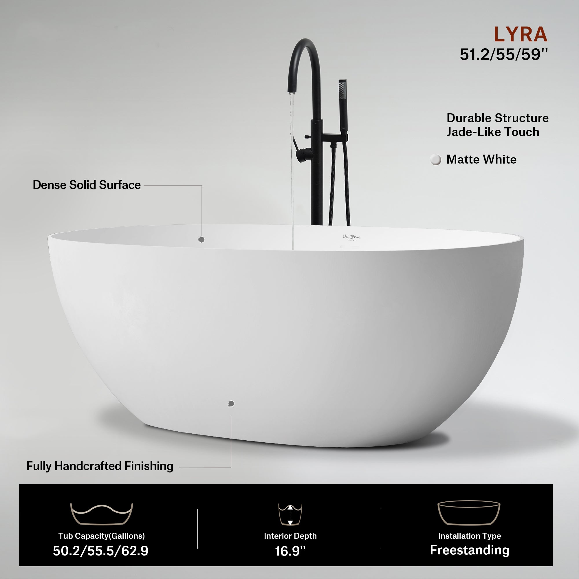 51.2 Inch MonBlari LYRA Solid Surface Freestanding Bathtub