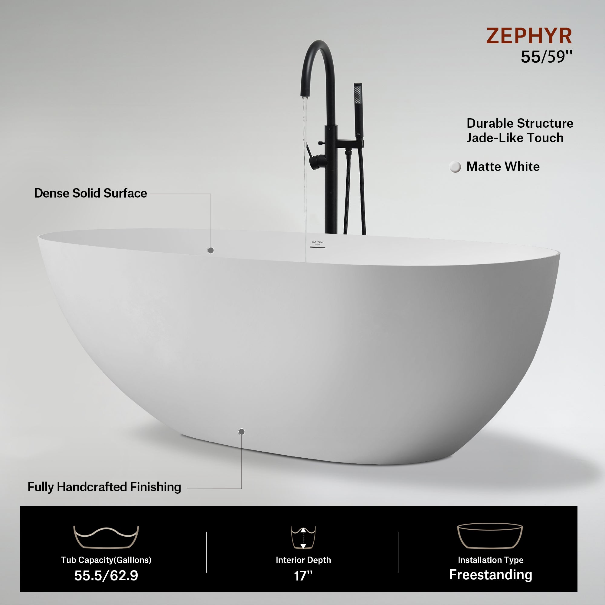 55.1-59.1 Inch MonBlari ZEPHYR Solid Surface Freestanding Bathtub