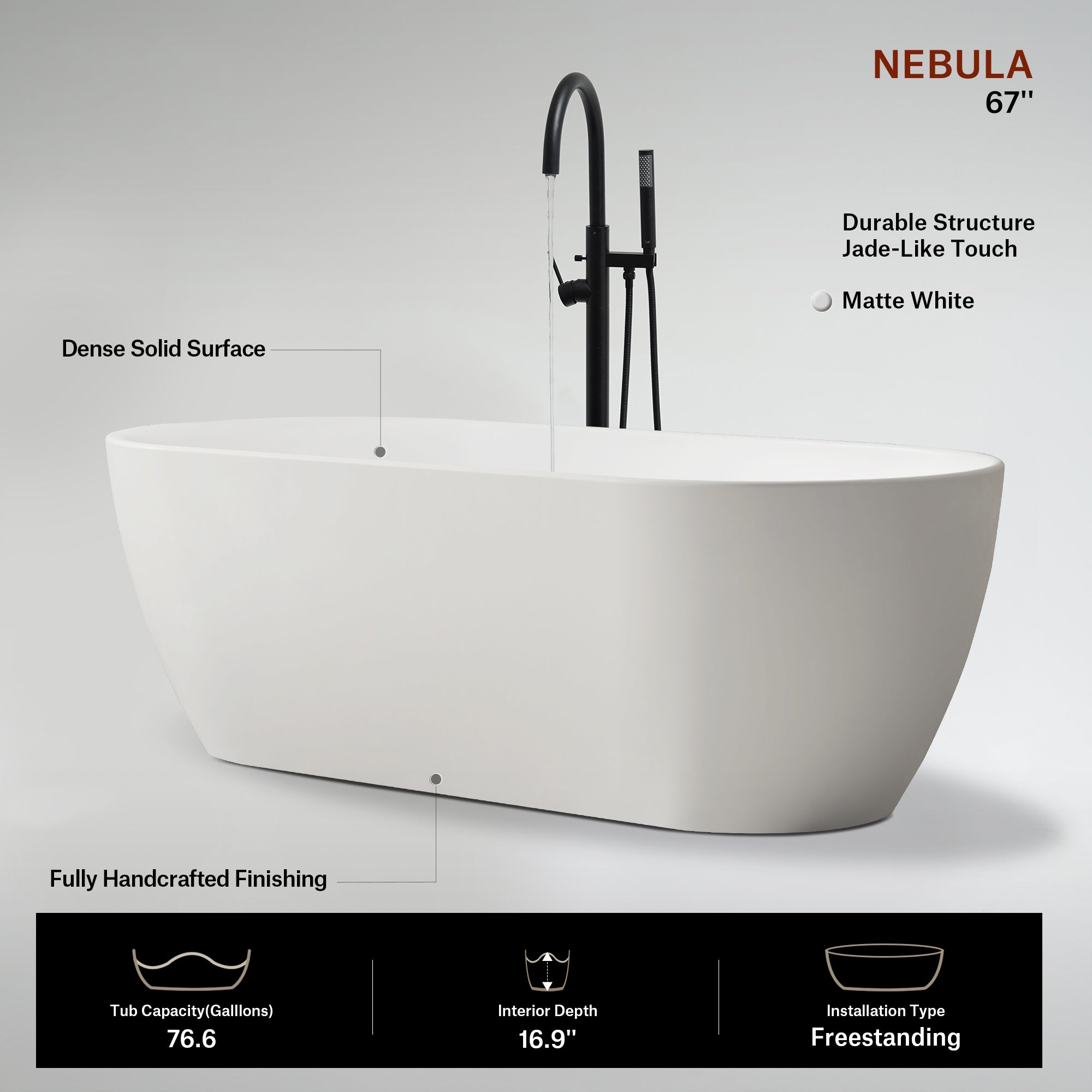 66.9 Inch MonBlari NEBULA Solid Surface Freestanding Bathtub