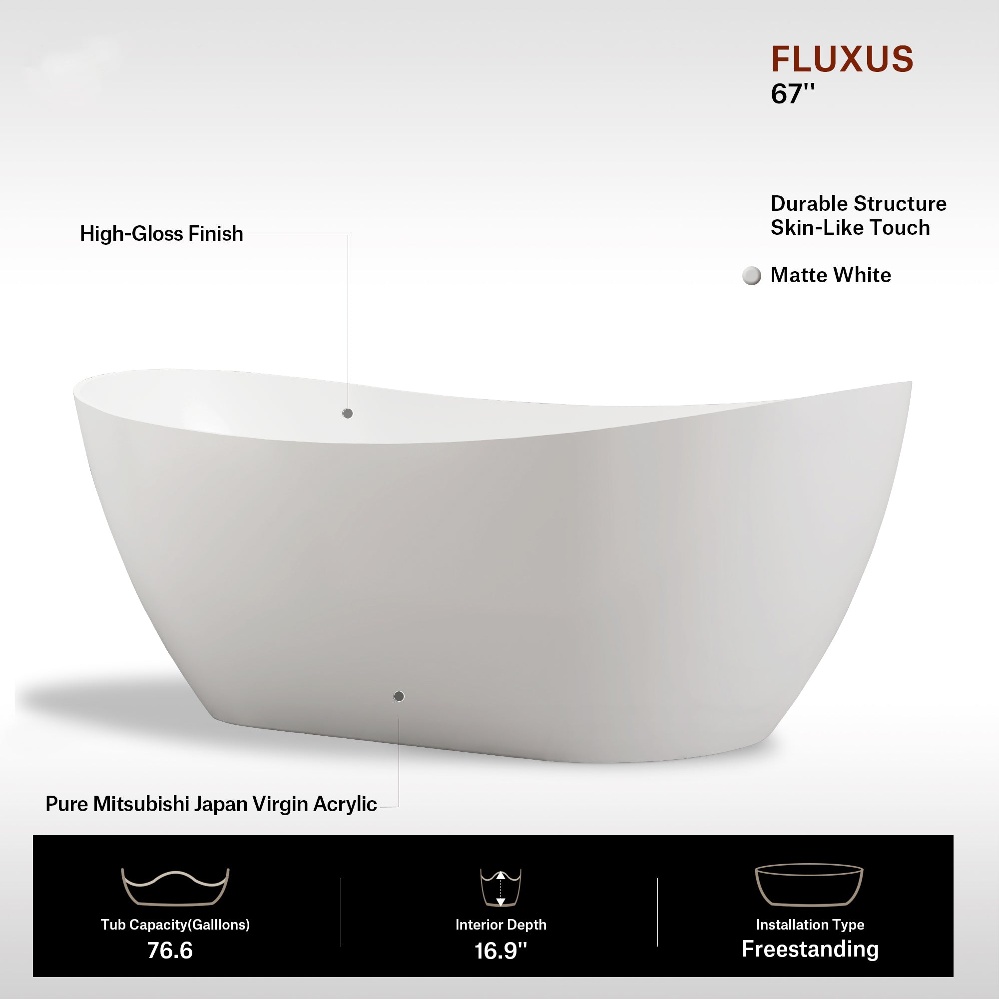67 Inch MonBlari FLUXUS Acrylic Freestanding Bathtub