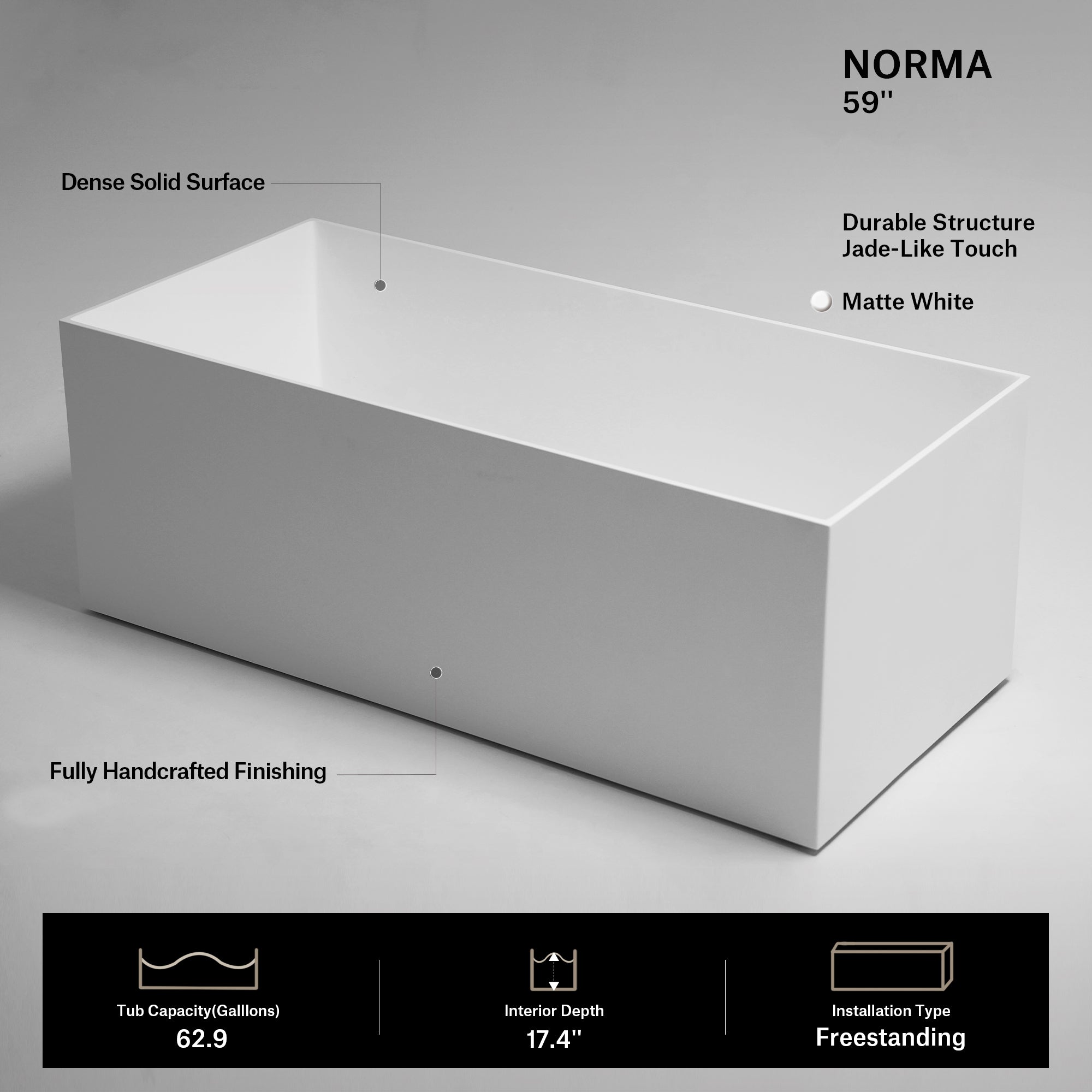 59.1 Inch MonBlari NORMA Solid Surface Freestanding Bathtub