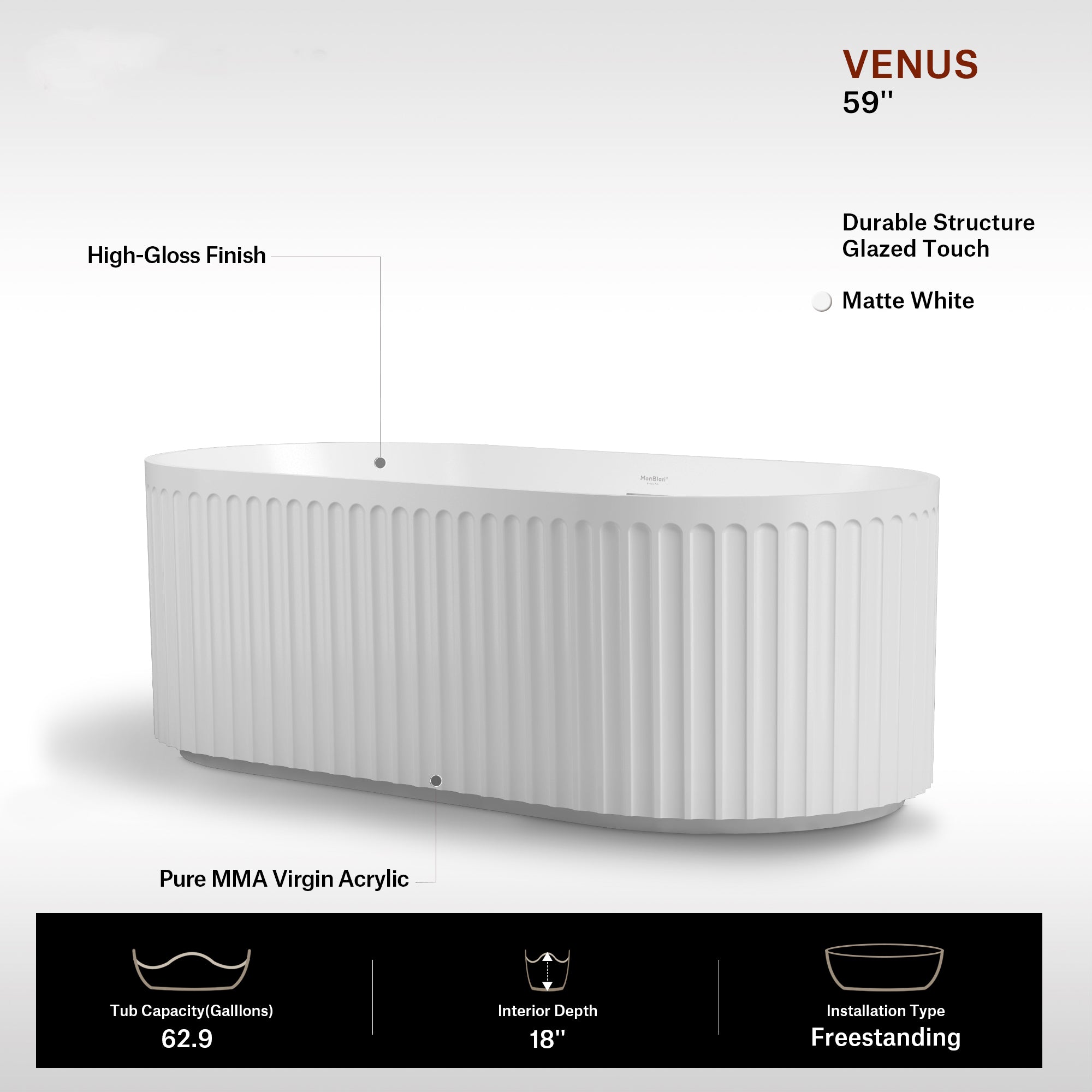 59 Inch MonBlari VENUS Acrylic Freestanding Bathtub