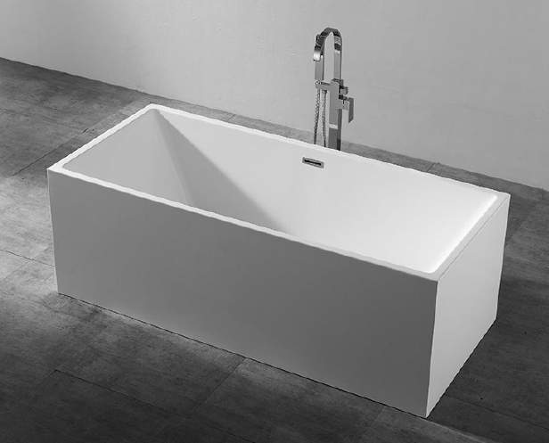 MonBlari white deep soaking bathtub in front side view with silver floor-mounted faucet