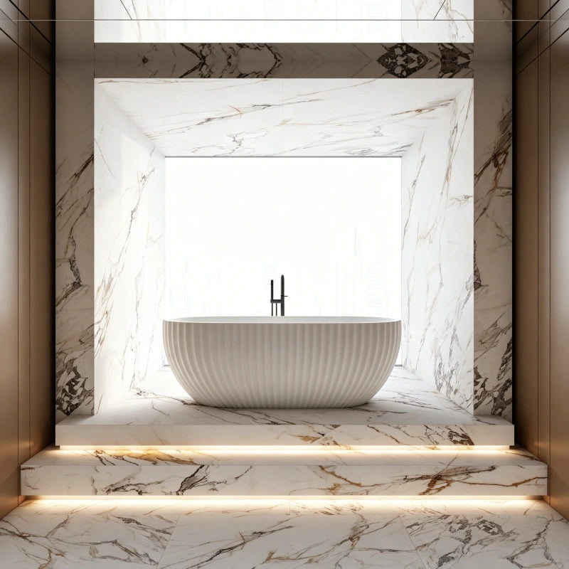 59-67 Inch MonBlari Matte White Acrylic Freestanding Bathtub Fluted Soaking Tub