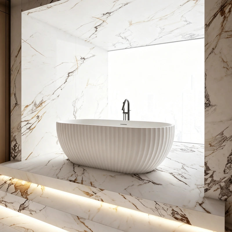 59-67 Inch MonBlari Matte White Acrylic Freestanding Bathtub Fluted Soaking Tub