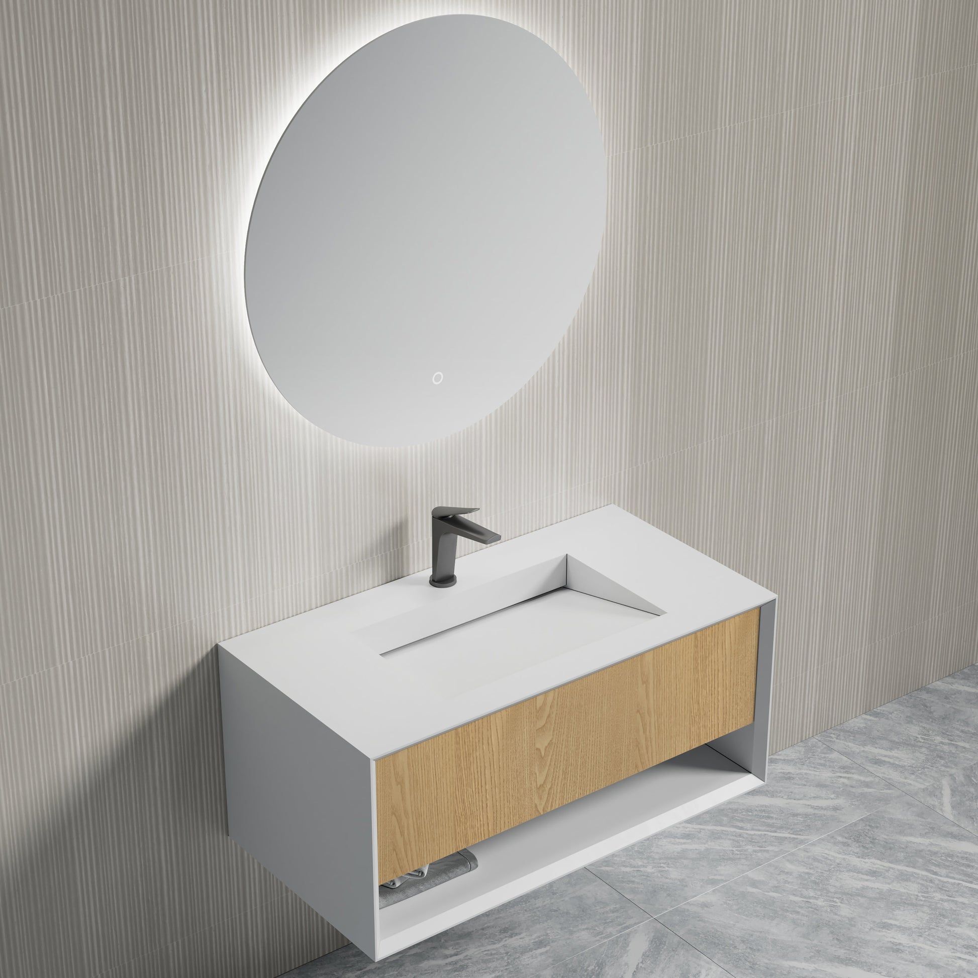 MonBlari Solid Surface Vanity With Mirror TW-2500-BACK TO WALL-SideTop