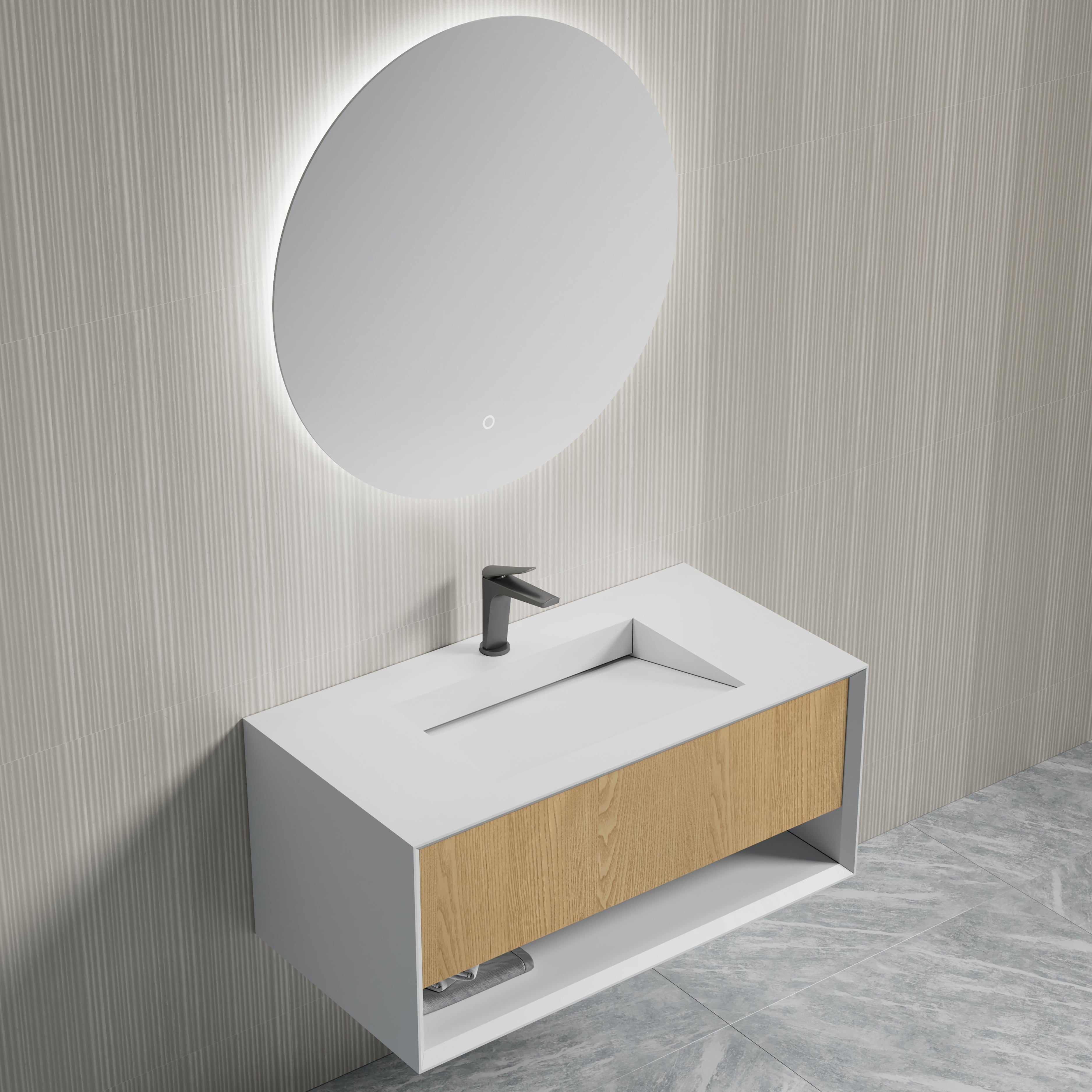MonBlari Solid Surface Vanity With Mirror TW-2500-BACK TO WALL-SideTop