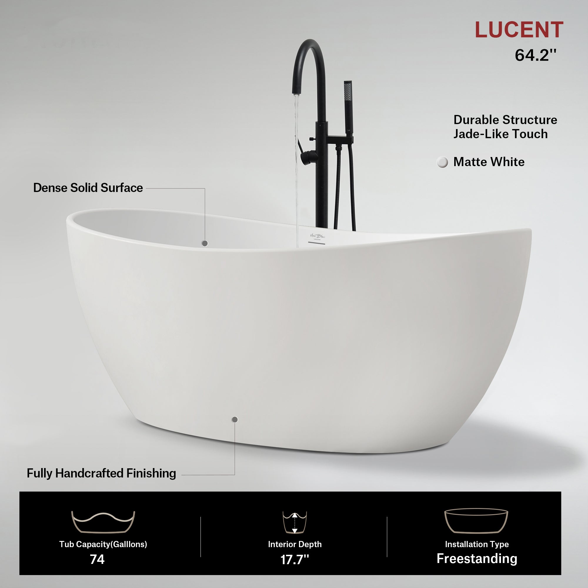 64.2 Inch MonBlari LUCENT Solid Surface Freestanding Bathtub