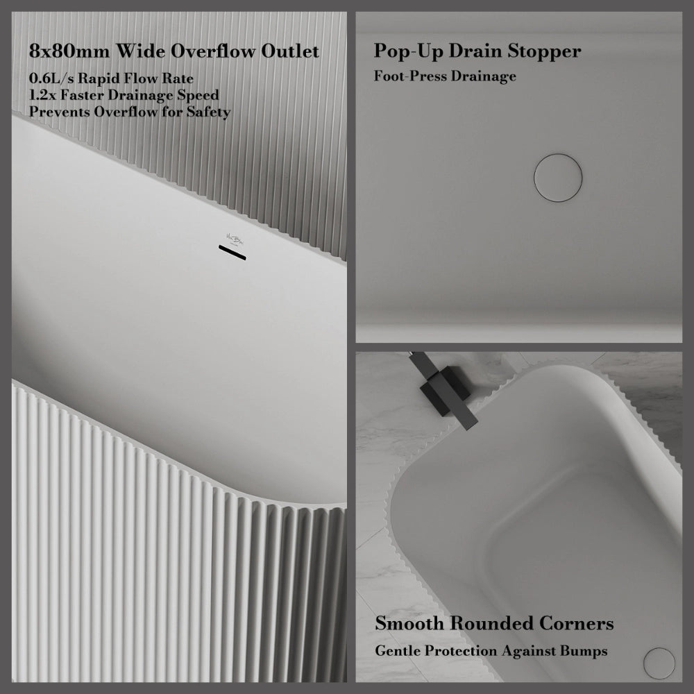 MonBlari Solid Surface Freestanding Rectangular Deep Soaking Fluted Bathtub