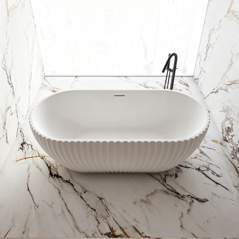 59-67 Inch MonBlari Matte White Acrylic Freestanding Bathtub Fluted Soaking Tub