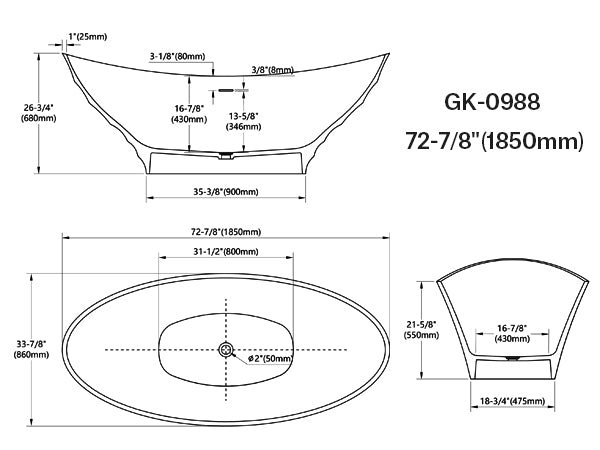 72 Inch MonBlari GINKNOVA Series Freestanding Bathtub