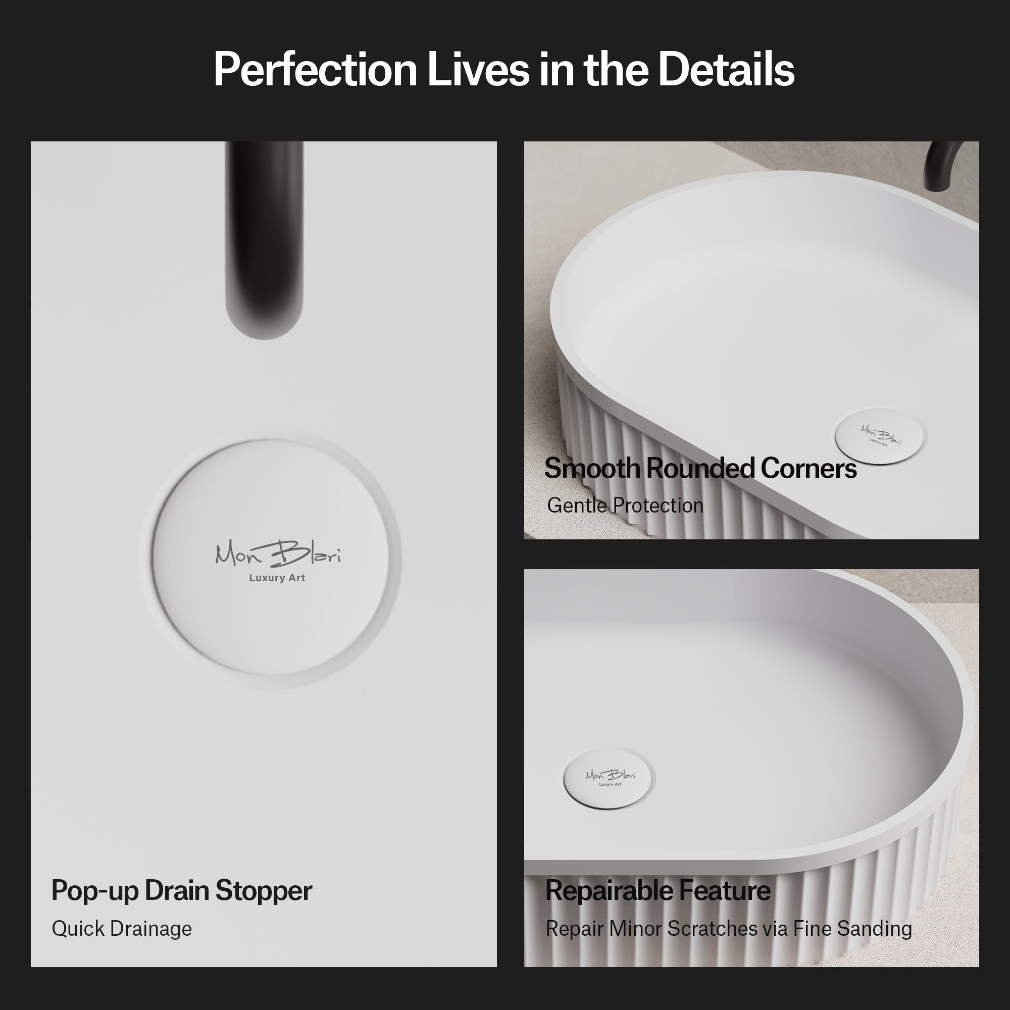 21.7 Inch MonBlari VENUS SERIES Solid Surface Bathroom Vessel Bowl Sink Bathroom Sink