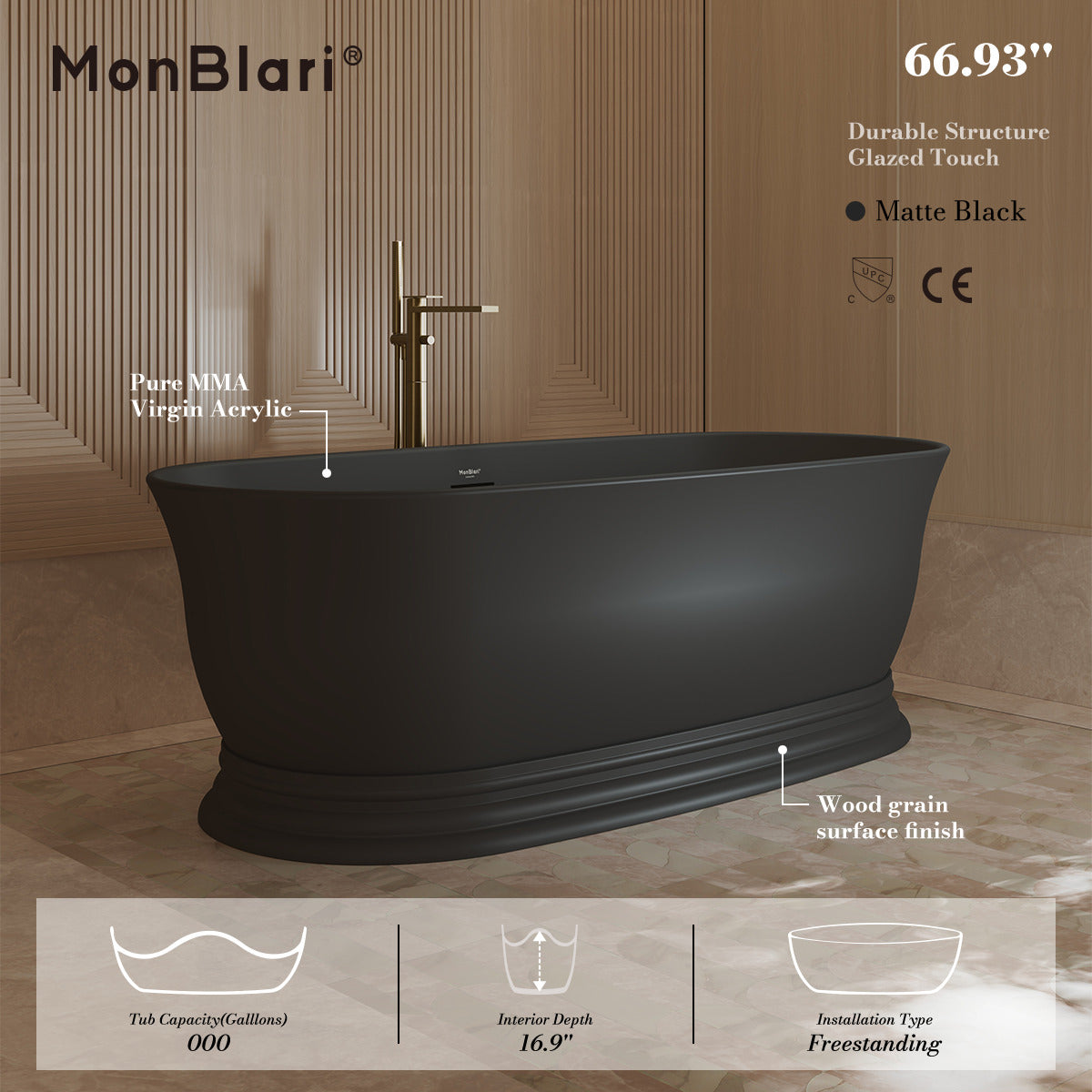 67" Standing Acrylic Soaking Tub with Center Drain