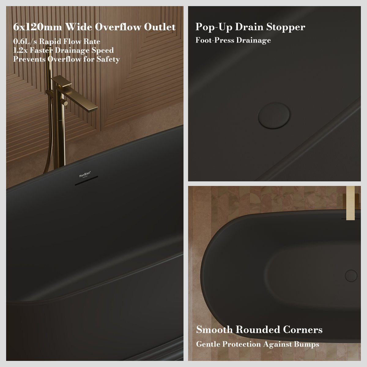 67" Standing Acrylic Soaking Tub with Center Drain