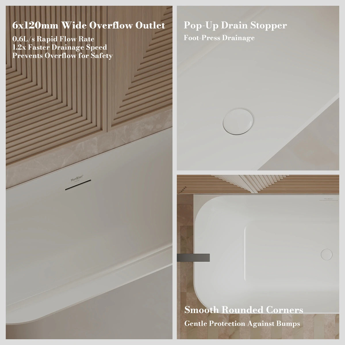 Monblari Acrylic Bathtubs Rectangular White Tub