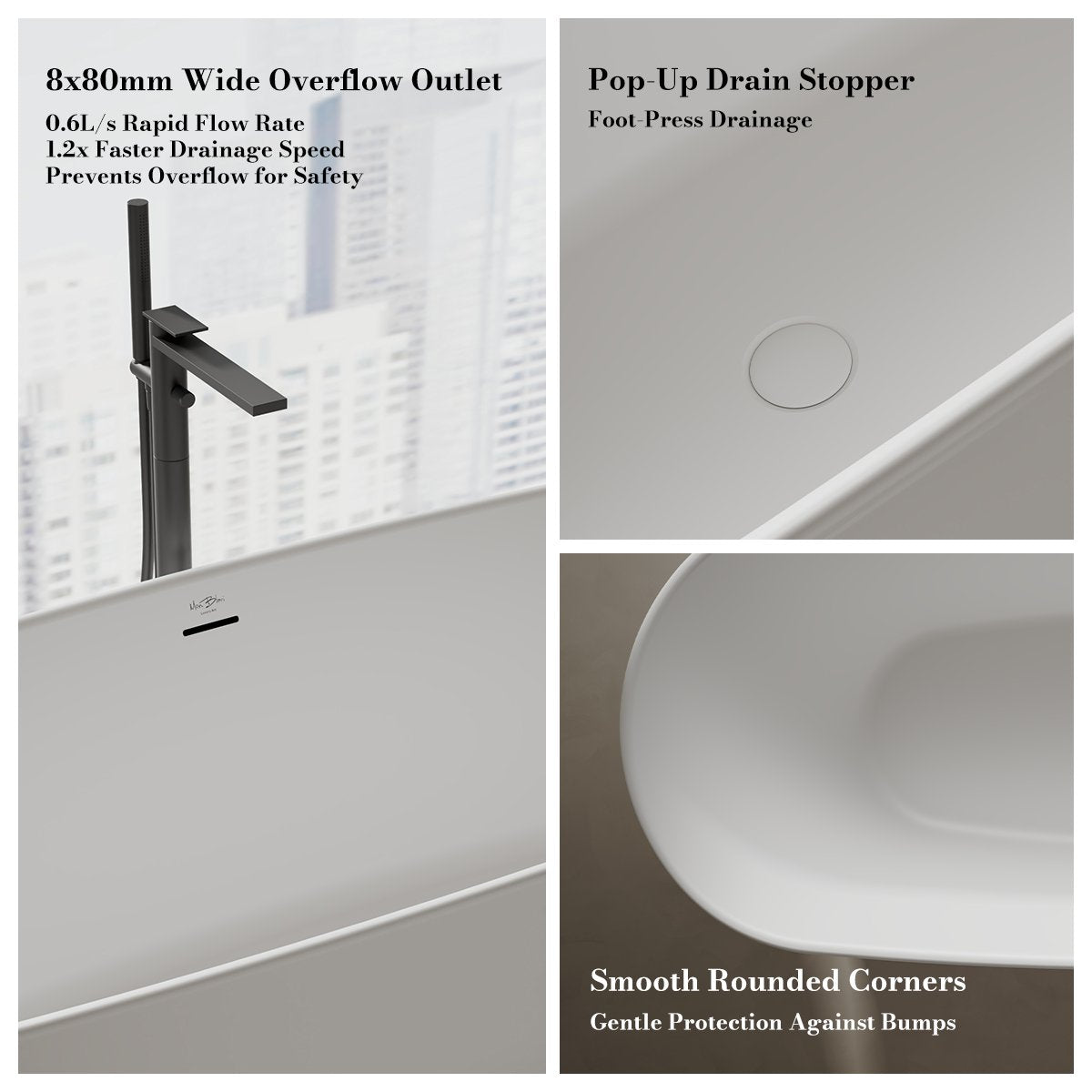 70.87" Artificial Solid Surface Bathtub Modern Bathroom Bathtub