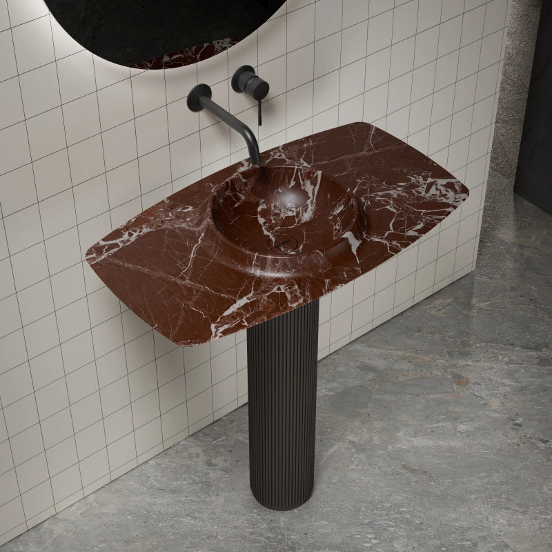 MonBlari Canoe Series Rosso Levanto Marble Wash Basin Pedestal Sink