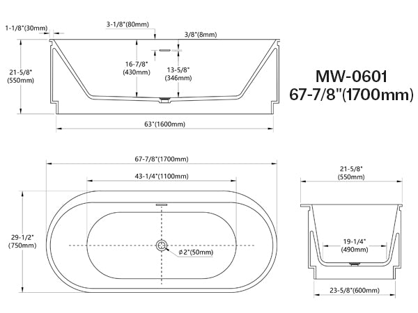 67 Inch MonBlari FOREST Series Solid Surface Freestanding Bathtub Fluted