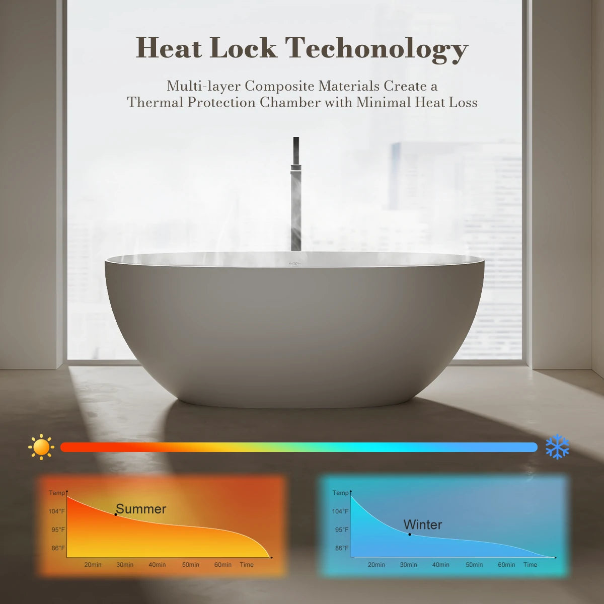 51-71 Inch MonBlari LYRA Solid Surface Freestanding Bathtub
