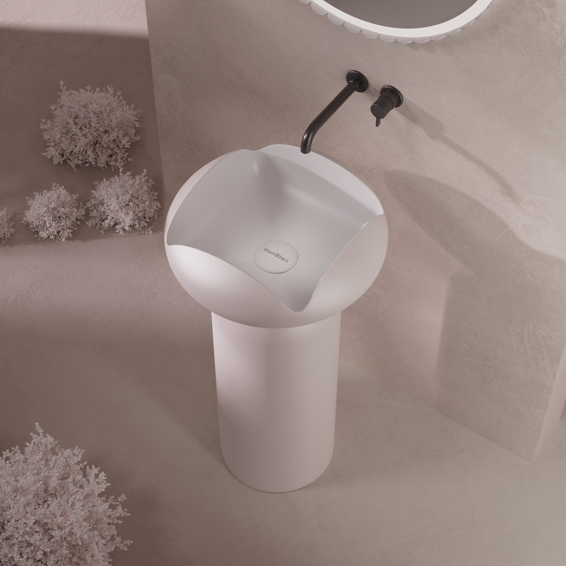 MonBlari Flower Series Solid Surface Pedestal Sink H-Z0811-MW - FrontView