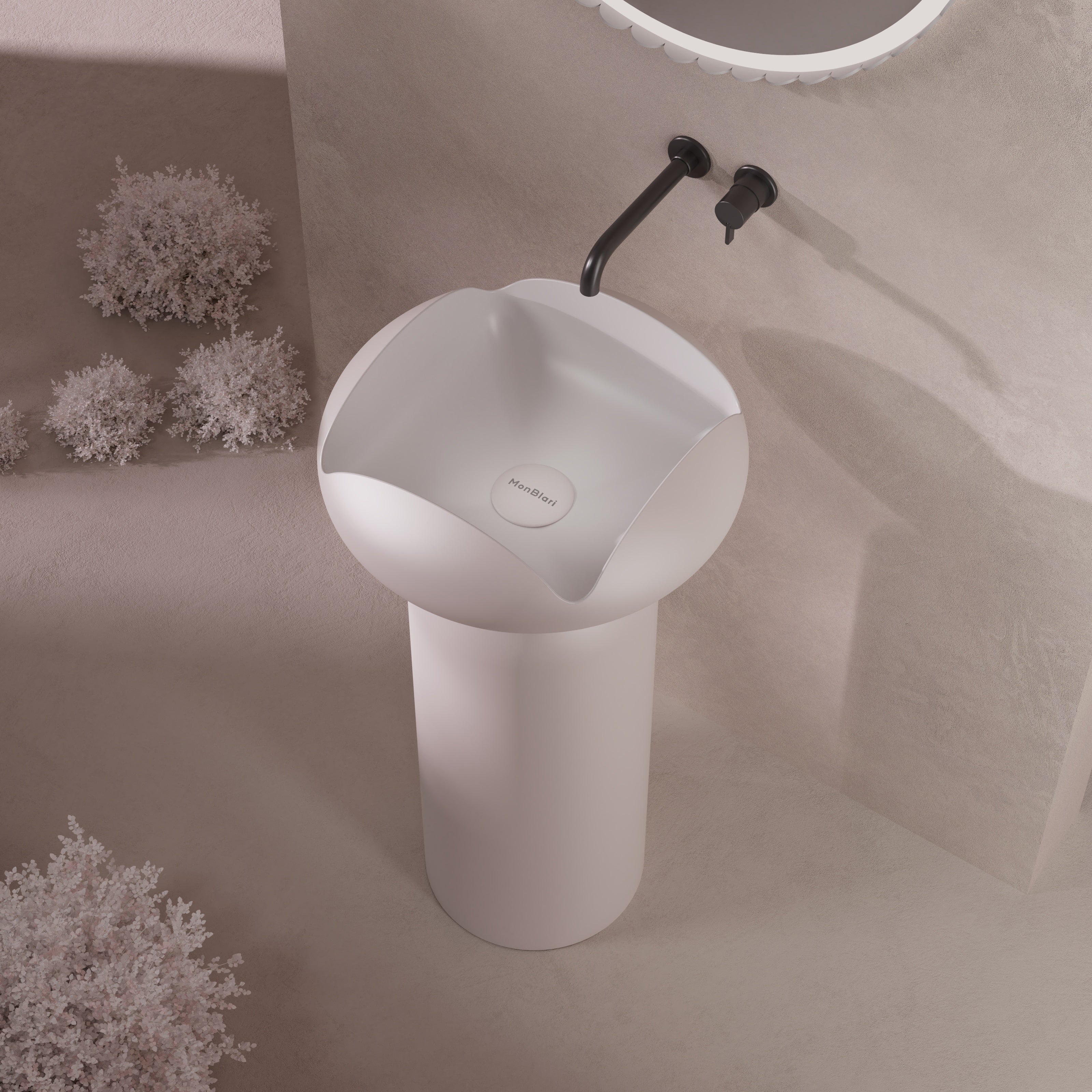 MonBlari Flower Series Solid Surface Pedestal Sink H-Z0811-MW - FrontView