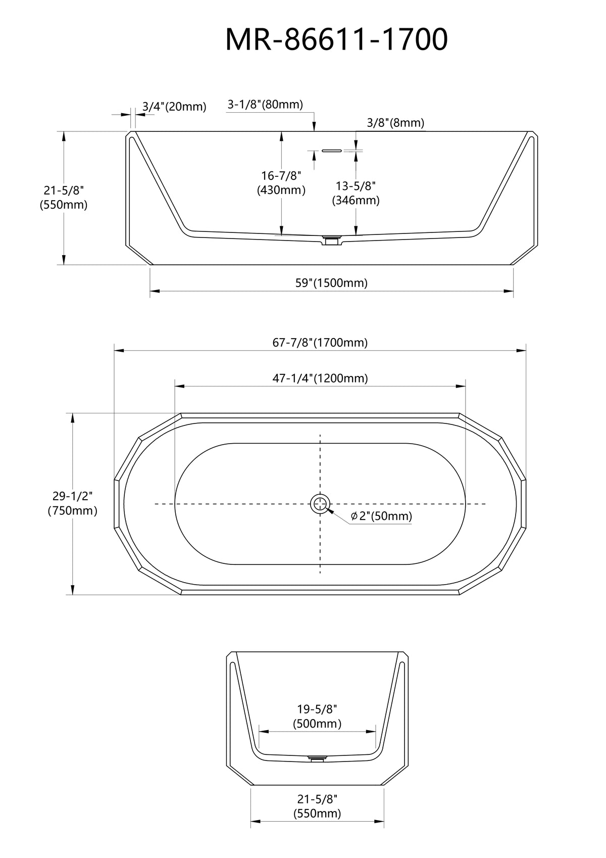 67 Inch MonBlari BERYL Series Faceted Freestanding Soaking Bathtub