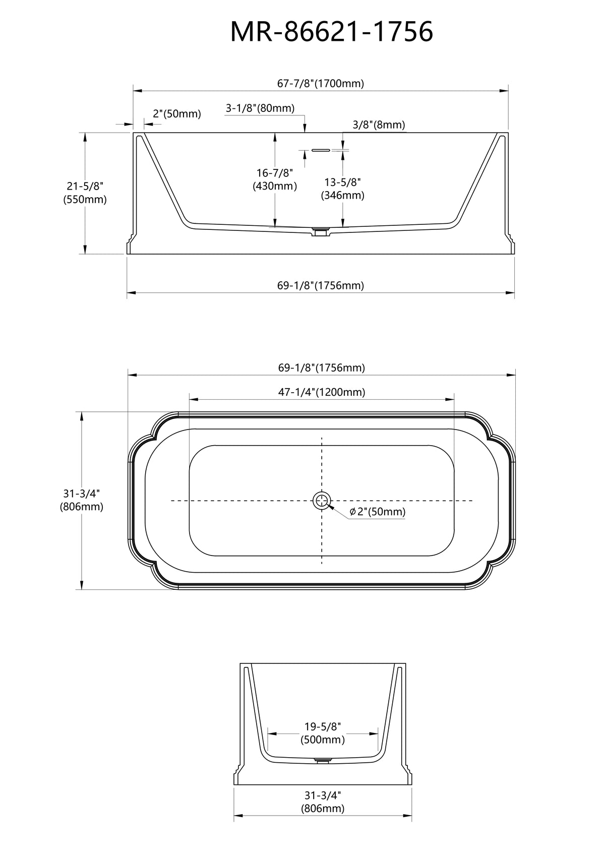 69 Inch White Solid Surface Freestanding Deep Soaking Bathtub – MonBlari