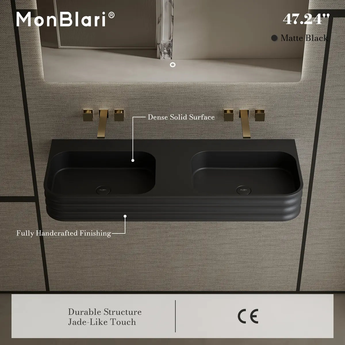 47.2 Inch MonBlari Solid Surface Wall Mount Bathroom Sink