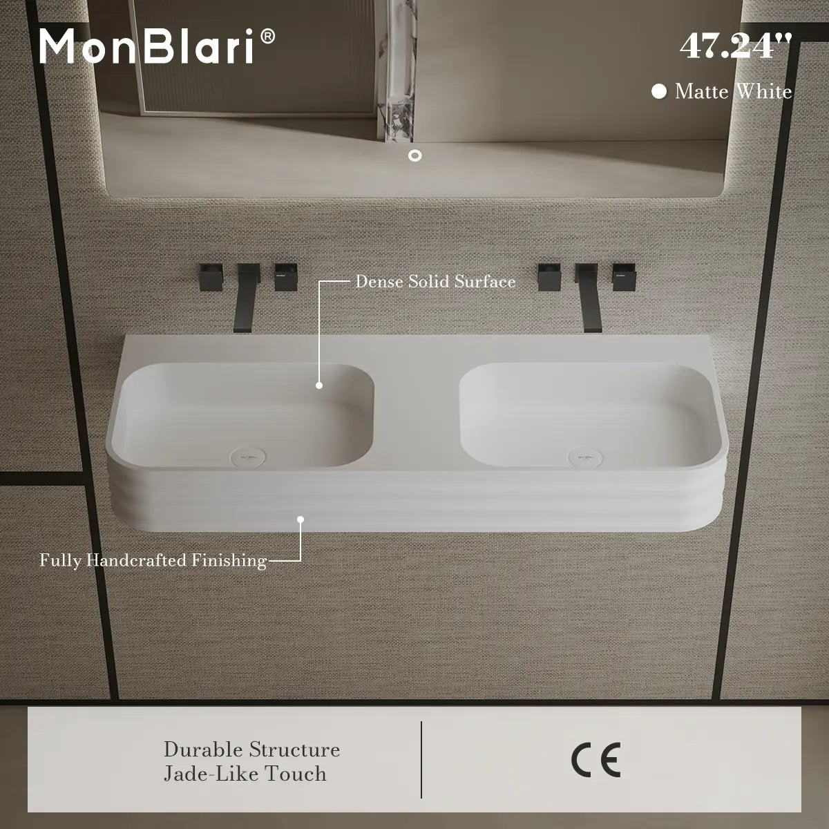 47.2 Inch MonBlari Solid Surface Wall Mount Bathroom Sink