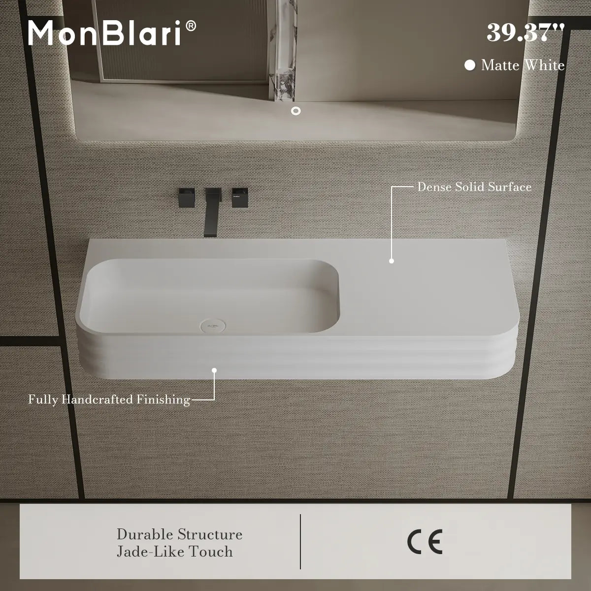 31.5-47.2 Inch MonBlari Solid Surface Wall Mount Vessel Sink Bathroom Sink