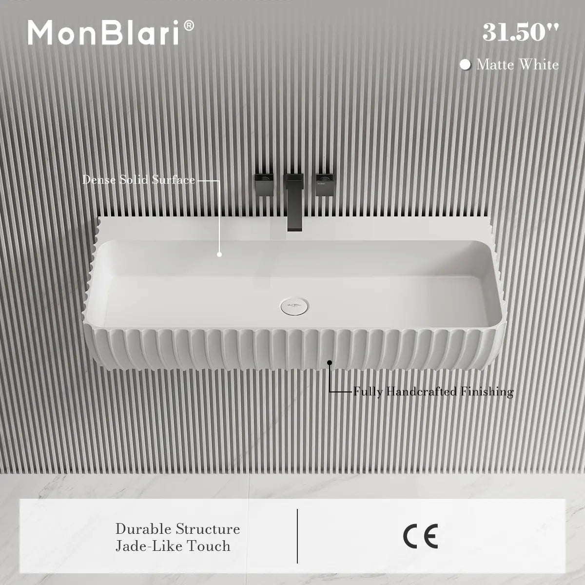 31.5-47.2 Inch MonBlari Solid Surface Vessel Wall Mount Sink for Bathroom