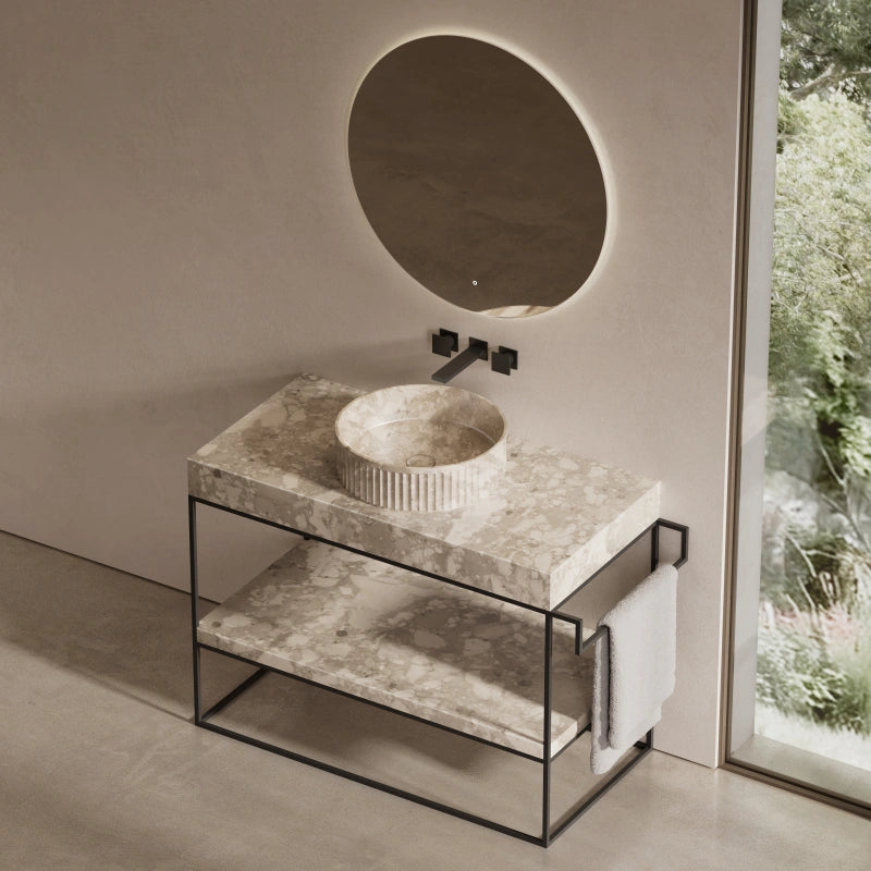 16" MonBlari Fluted Round Natural Marble Countertop Bathroom Sink