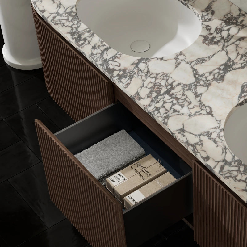 MonBlari Marble Single Sink Freestanding Bathroom Vanity with Black Walnut Cabinet