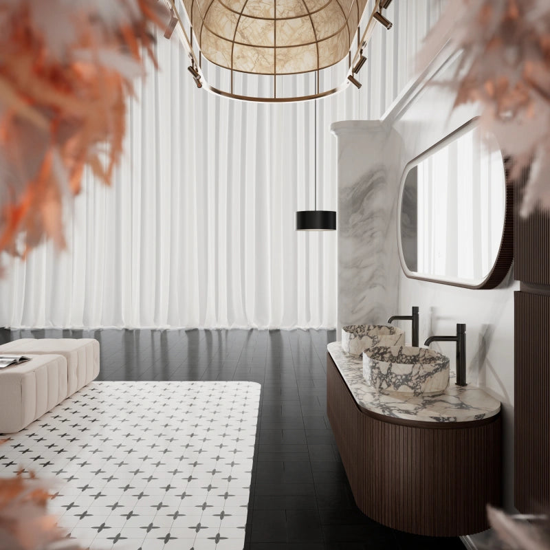 MonBlari Double Marble Basin Bathroom Vanity with Three Drawers and Eco-Friendly Mirror