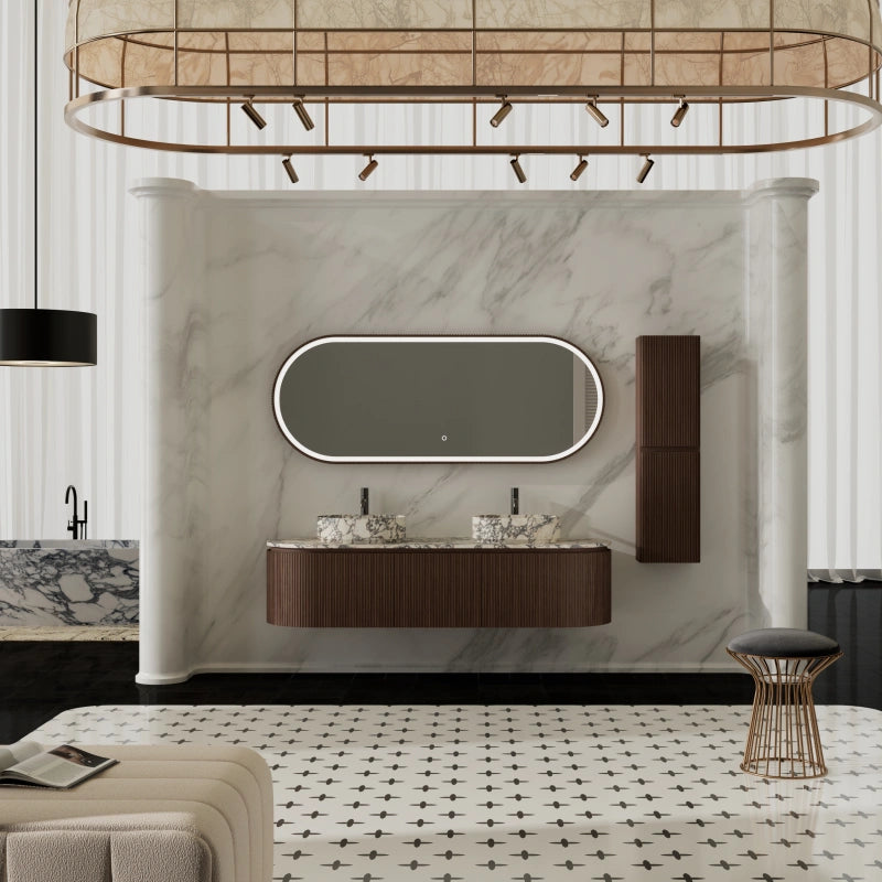 MonBlari Double Marble Basin Bathroom Vanity with Three Drawers and Eco-Friendly Mirror