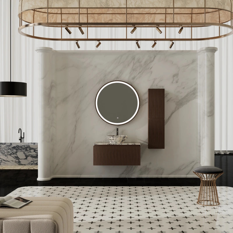 MonBlari Marble Basin Bathroom Vanity with Black Walnut Cabinet and Single Drawer