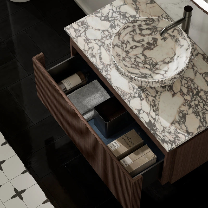 MonBlari Marble Basin Bathroom Vanity with Black Walnut Cabinet and Single Drawer